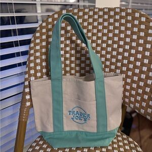 Trader Joe’s Mini Canvas Tote Teal Blue Reusable Grocery Bag NWT Viral